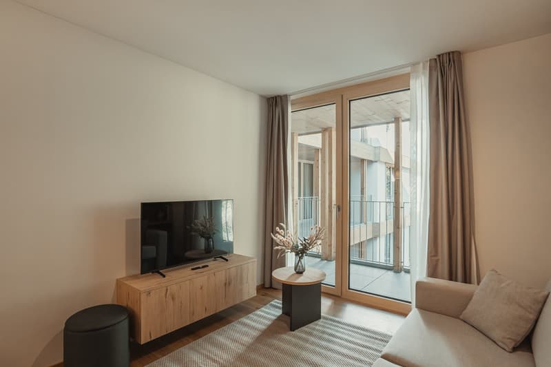 Modern living room with a couch, ottoman, coffee table, TV, and a decorative vase with flowers. The room has a wooden TV stand, a rug, and curtains.
