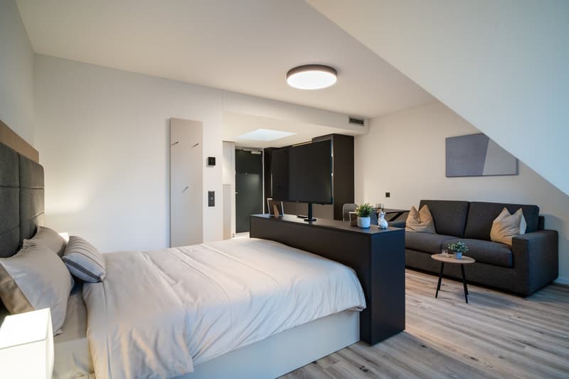 Spacious bedroom with a king-size bed, a dark wood TV stand, a sofa, and a modern lighting fixture. The room has a minimalist and contemporary design with neutral colors and wood flooring.