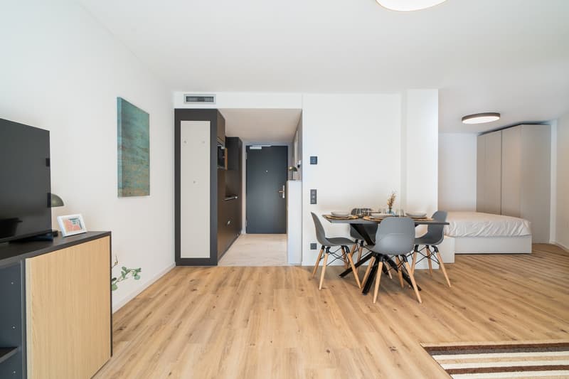 Open-plan studio apartment with hardwood flooring, white walls, dining area with table and chairs, living area with TV stand, and a bed area. The apartment has a modern and minimalist design with a dishwasher visible in the kitchen area.