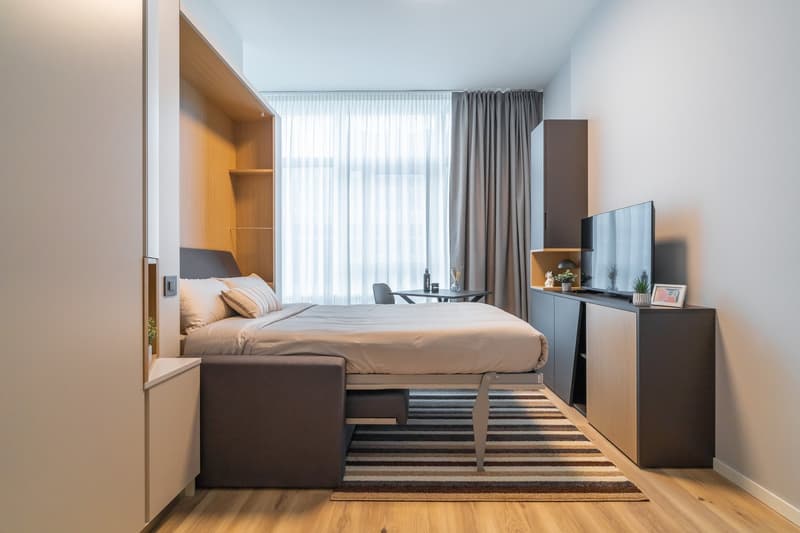 Spacious bedroom with large windows, gray curtains, wooden furniture, TV stand, and a striped rug on the hardwood floor.