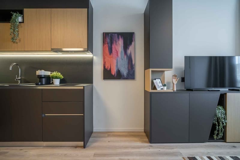 Modern kitchen with wooden cabinets, black countertops, and a dishwasher. There is a colorful abstract painting on the wall and a TV stand with shelves next to the kitchen area.