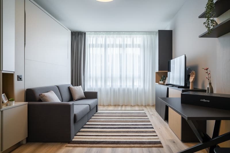 Spacious living room with large windows, gray sofa, striped rug, TV stand, and shelves with decorative items