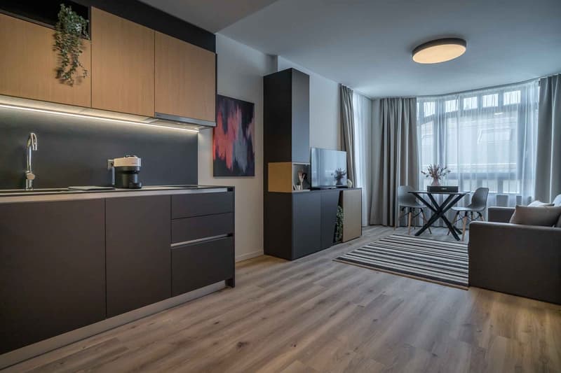 Modern studio apartment with open-plan kitchen and living area. The kitchen features dark cabinets and a dishwasher. The living area has a sofa, a TV stand, and a dining table. Large windows provide natural light and a view. The apartment has a minimalist