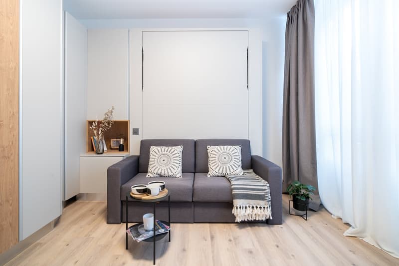 Cozy living room with a gray sofa, decorative pillows, and a throw blanket. There is a wooden shelf unit with decor items, and a small side table with a plant. The room has large windows that provide natural light.