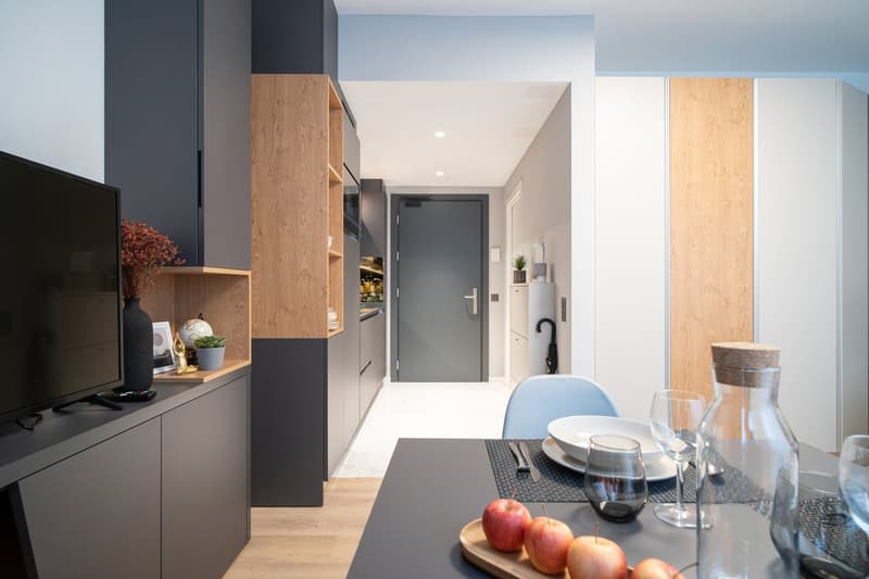Modern kitchen with dark cabinets, wooden accents, built-in dishwasher, and open view to the living area