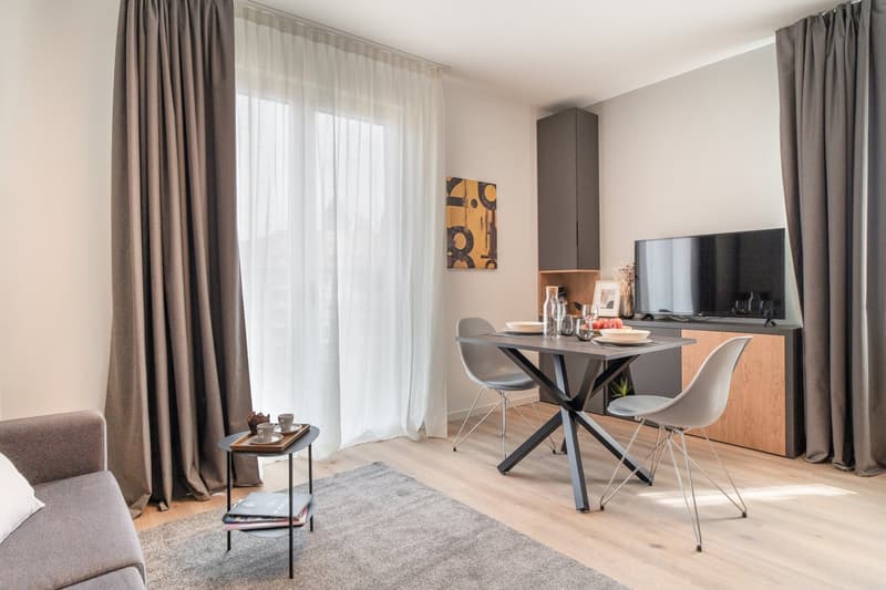 Spacious living room with large windows, gray curtains, modern furniture including a dining table with chairs, a TV stand, and a side table. The room has a cozy and stylish atmosphere.