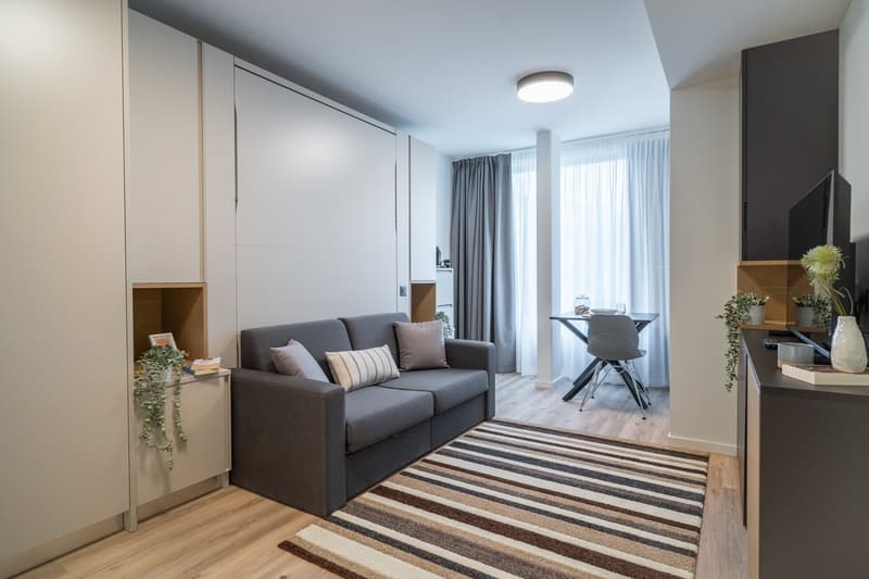 Spacious living room with gray sofa, striped rug, desk, and large windows with curtains