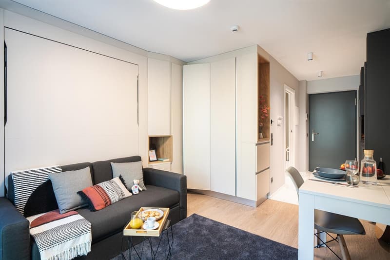 The image shows a modern and compact studio apartment. The living area features a gray sofa with colorful pillows and a small coffee table. The kitchen area is visible, with a white refrigerator and a dining table. The apartment has a minimalist and funct
