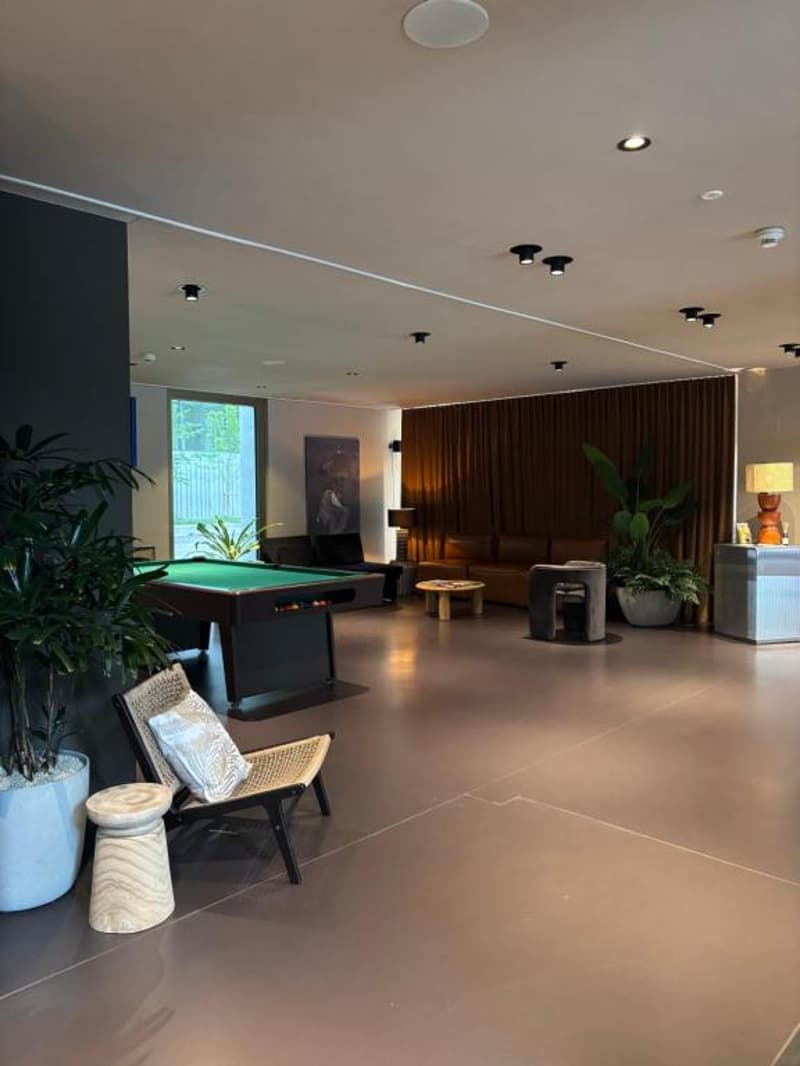 Spacious living room with hardwood floors, modern furniture, pool table, and various decor elements such as plants and artwork. The room features a fireplace, as well as appliances like a washing machine and dishwasher.