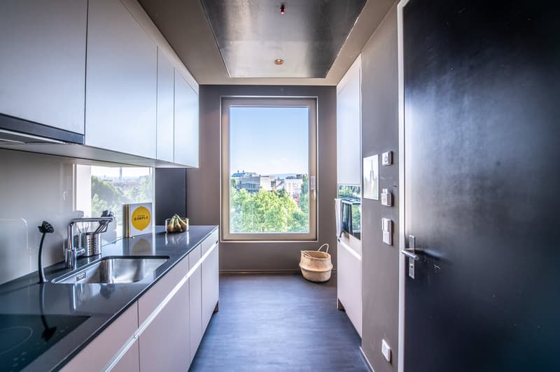 Modern kitchen with gray cabinets, stainless steel sink, and large window with a view of the city skyline