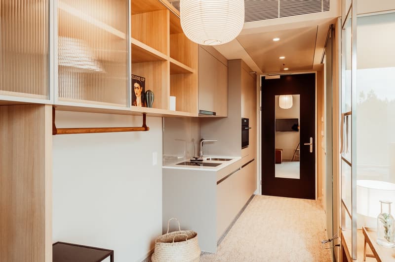 compact kitchen area with sink, oven, wooden cabinets, built-in shelves, woven basket, carpet, wooden side table, illuminated mirror