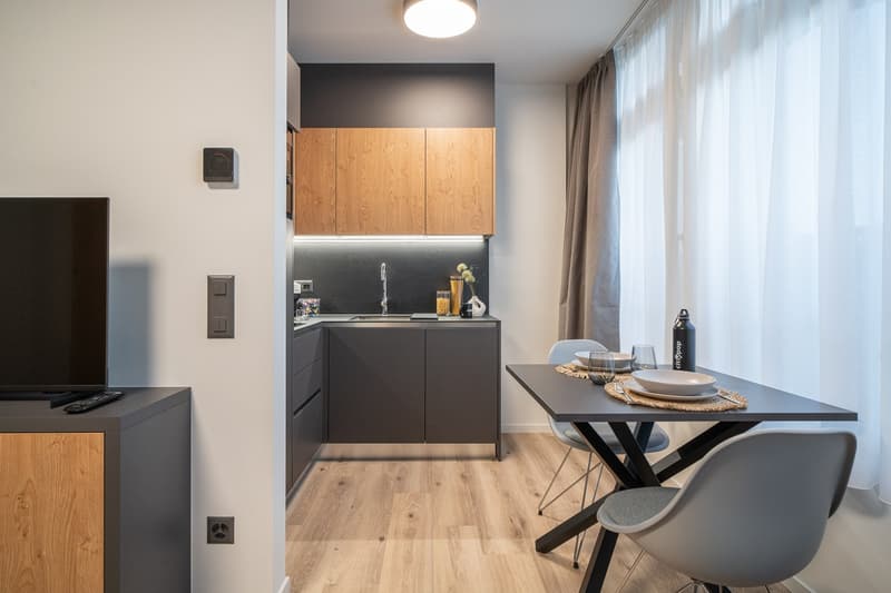 Compact studio apartment with open kitchen, dining area, and living space. The kitchen features dark cabinets and a wooden countertop. The dining table has a modern, minimalist design. The room has hardwood flooring and large windows providing natural lig