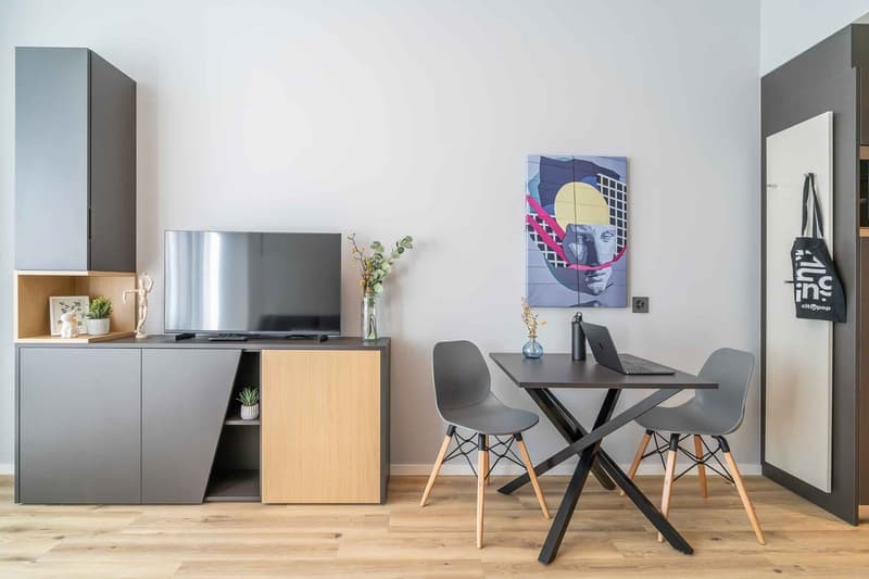 modern interior, flat screen TV, black table, 2 grey chairs, black cabinet with shelves, light colored flooring, painting on the wall