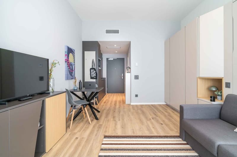 open-plan living space, wooden floor, modern furniture, table, dining chairs, couch, flat-screen TV, dining area with a table and chairs