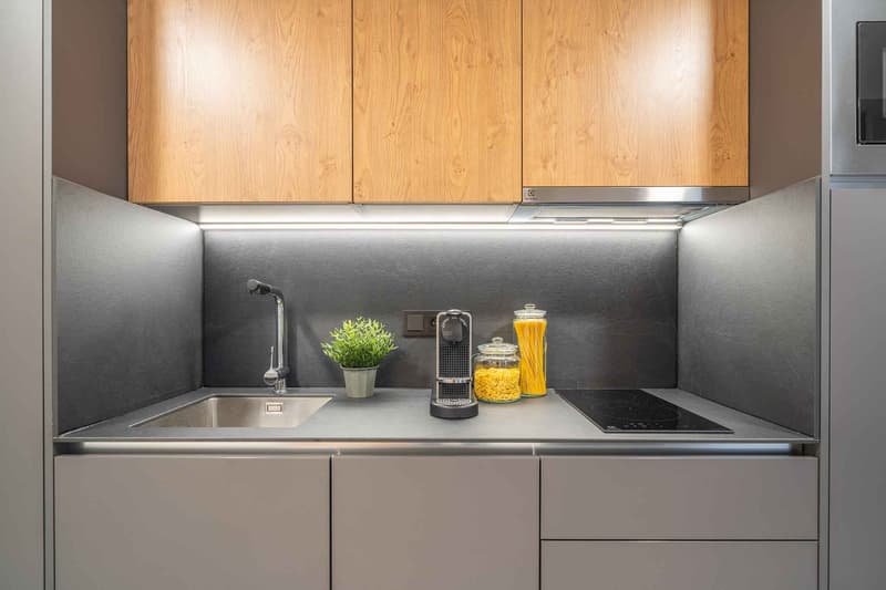 modern kitchen with wooden cabinets, stainless steel sink, induction cooktop, coffee machine, potted plant, jars, and a microwave