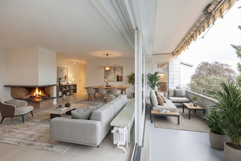 Wohnzimmer / Balkon mit Möblierungsvorschlag (KI generiert)