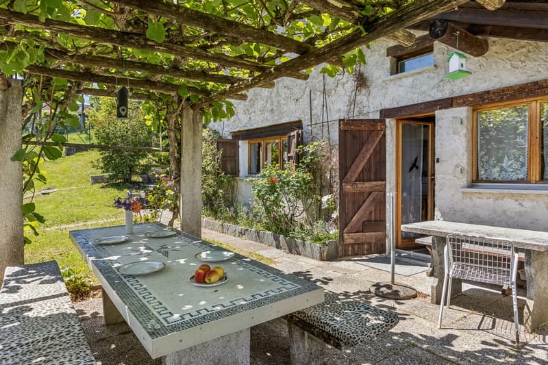 Dank der Kiwipergola kann man auch tagsüber gerne und gemütlich am Tisch sitzen. / Dank der Kiwipergola sitzt man gerne und gemütlich auch tagsüber am Tisch