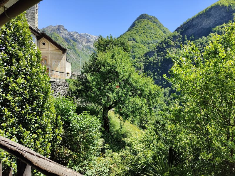Das Panorama geht von grünen Bergen zu steilen, felsigen Bergspitzen. / Il panorama spazia da montagne verdi a imponenti cime rocciose