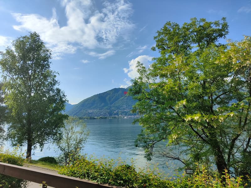 Der Blick schweift in mehrere Richtungen über den See, das Ufer sowie die Täler und Berge der Umgebung. / La vista sul lago, sulla riva e sulle valli e montagne circostanti si estende in diverse dir
