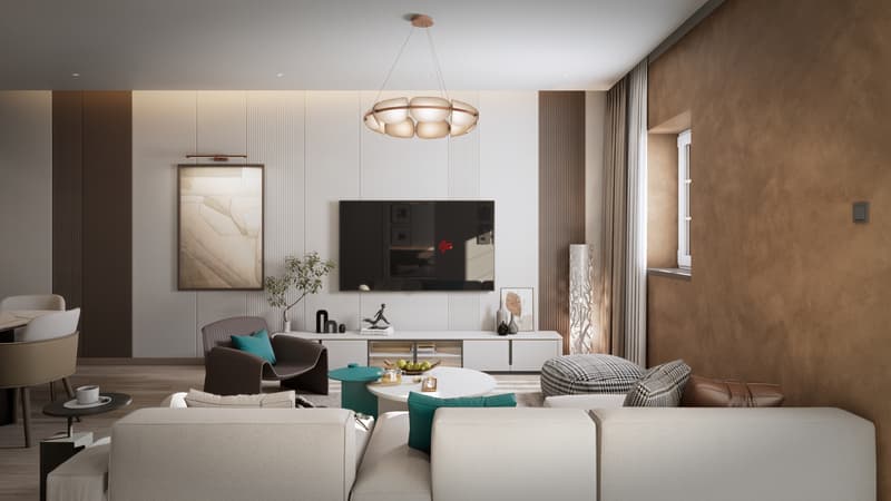 / Espace salon / a modern apartment with tan walls, a white couch, a table and chairs