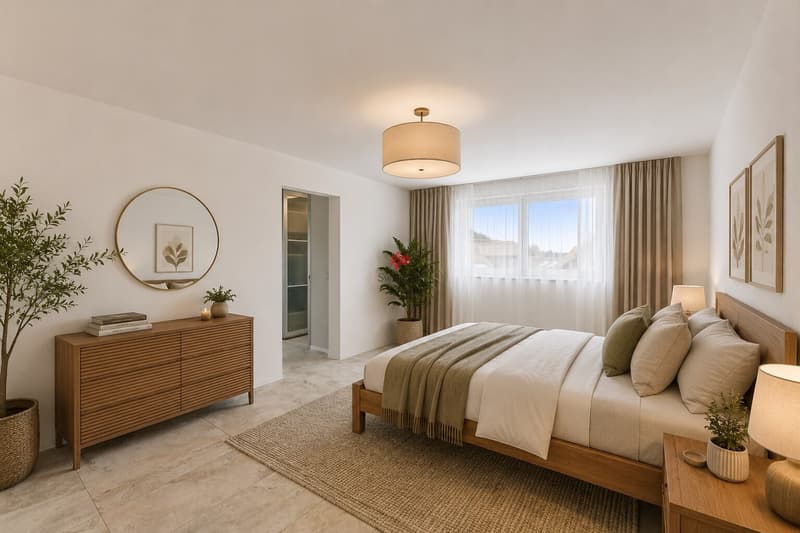 Mit einem geräumigen Schlafzimmer und dem direkten Zugang in die Ankleide und weiter ins Bad geniessen Sie einen durchdachten Masterbereich mit kurzen Wegen.