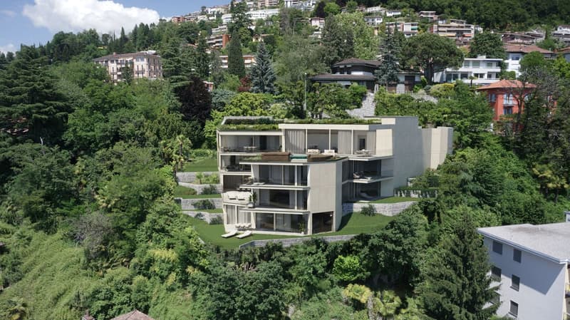 modern style house, several levels, large windows, swimming pool, terrace, green surroundings