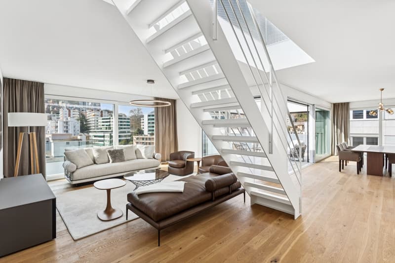 modern design, hardwood floors, large windows, balcony, sofa, coffee table, dining table, chairs, chandelier, lamp