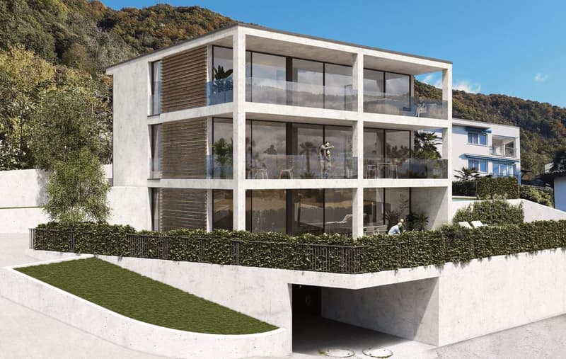 3-story modern house with large glass windows, wooden accents, and a balcony. The house is situated on a sloped lot with a small garden area in the front. There appears to be a garage or parking space underneath the house.