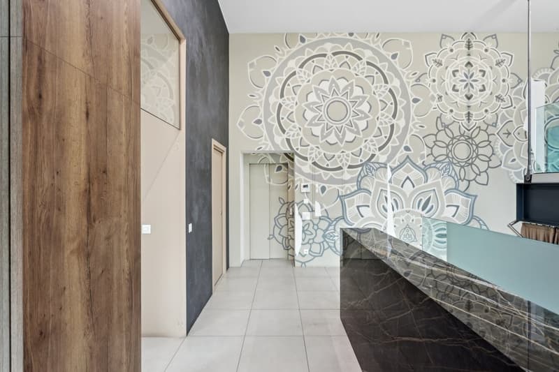 Tiled floor, marble countertop, wooden door, abstract mural
