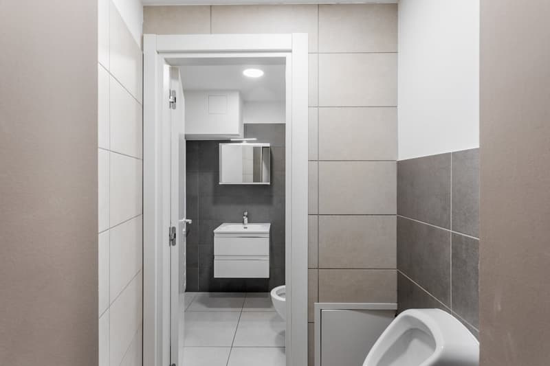 white tiles, vanity with sink, toilet, urinal, mirror