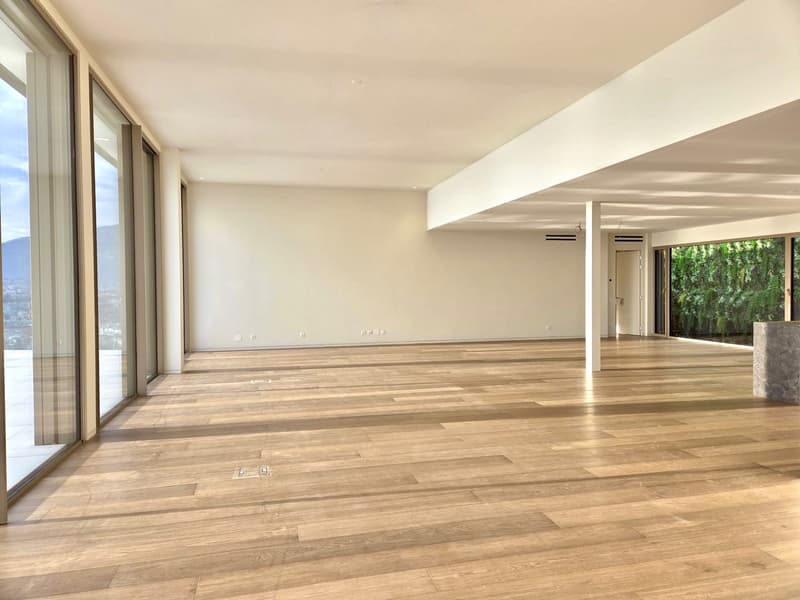 large room with hardwood floors, glass walls, modern architecture, large entrance