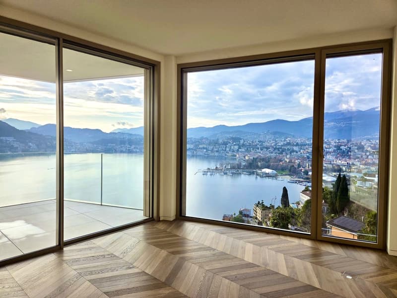 large glass windows, wooden floor, balcony, city and lake view