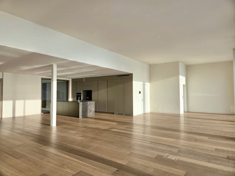 Open floor plan, kitchen island with granite countertops, sleek cabinetry, marble flooring, central pillar, contemporary style, bright natural lighting