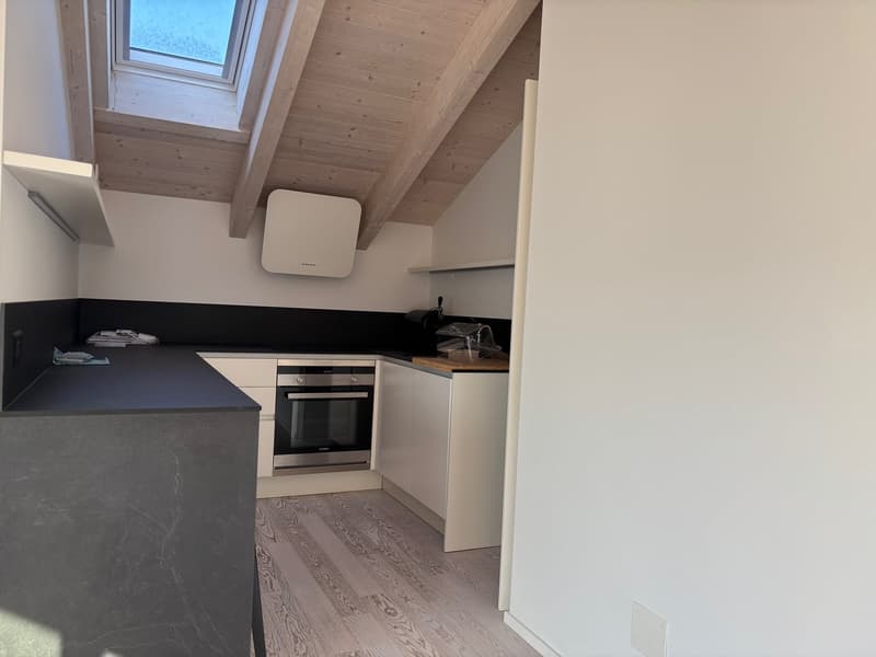 kitchen with oven, kitchen cabinets, island with countertop, wooden floor, skylight