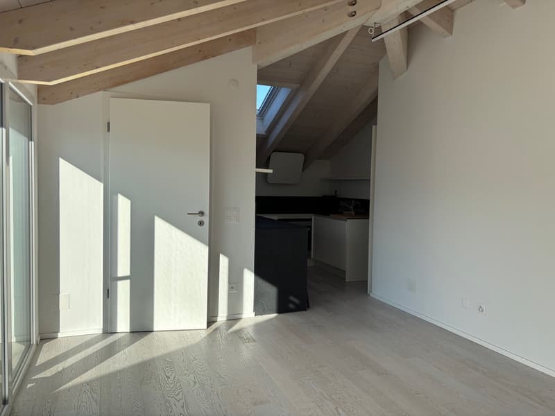 Empty room with wooden floor, white walls, glass door, glass wall, kitchen and window
