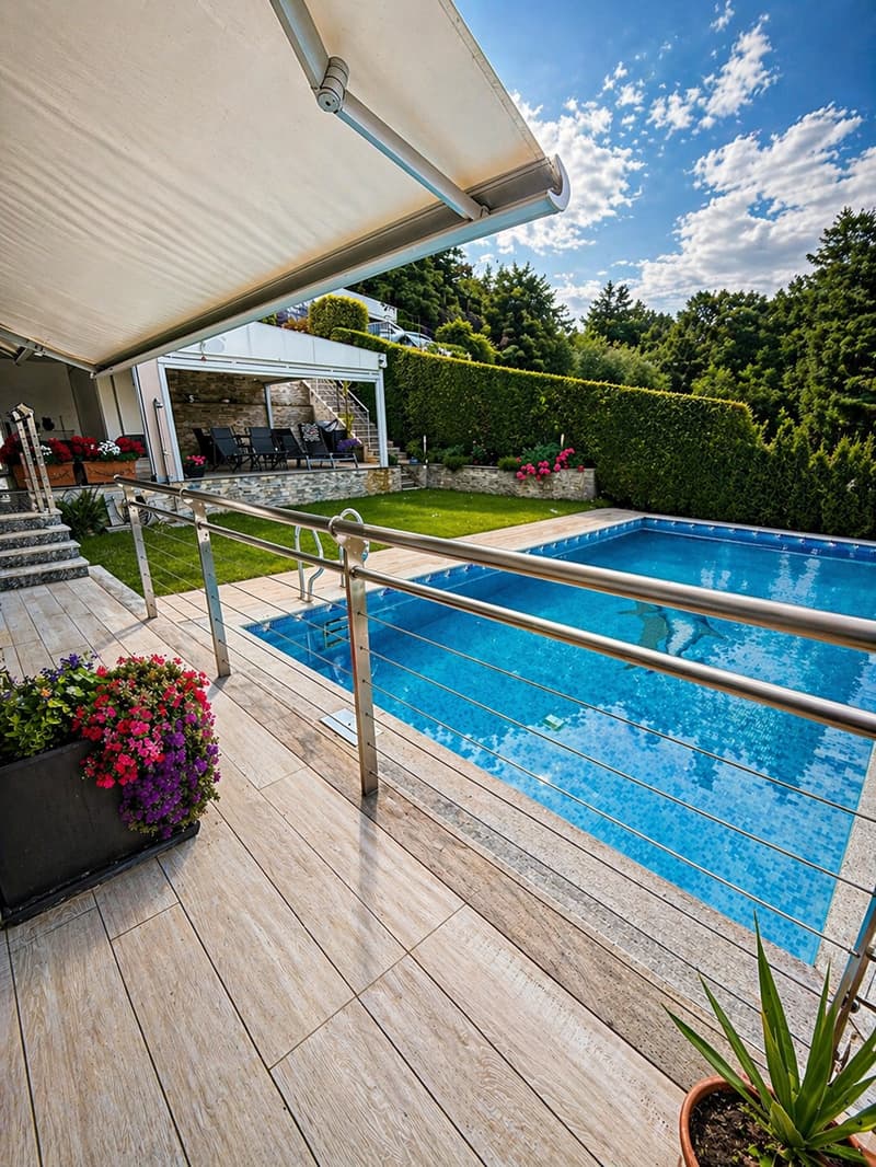 wooden deck, swimming pool, metal railing, flowers, plants, house in background