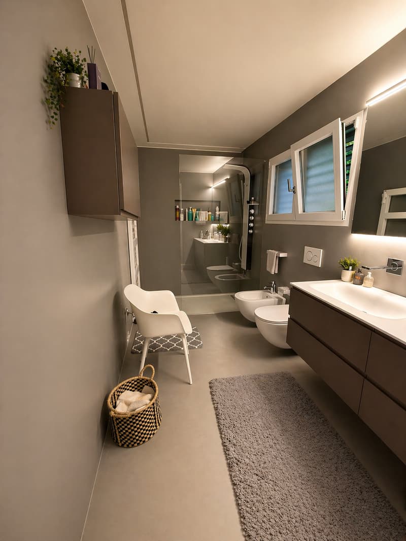Bathroom with shower, bidet, toilet, sink, cabinet, chair, basket, rug, mirror, plants