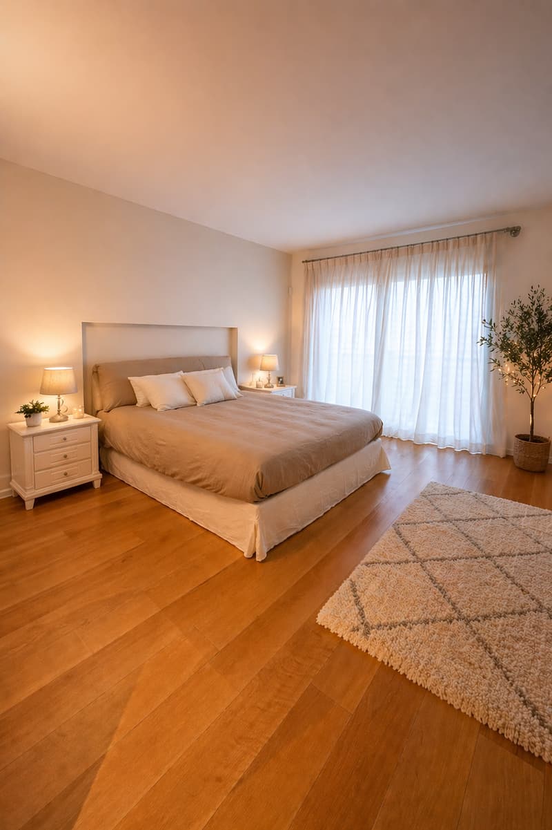 large bed, white nightstands, lamps, rug, plant, large window with curtains