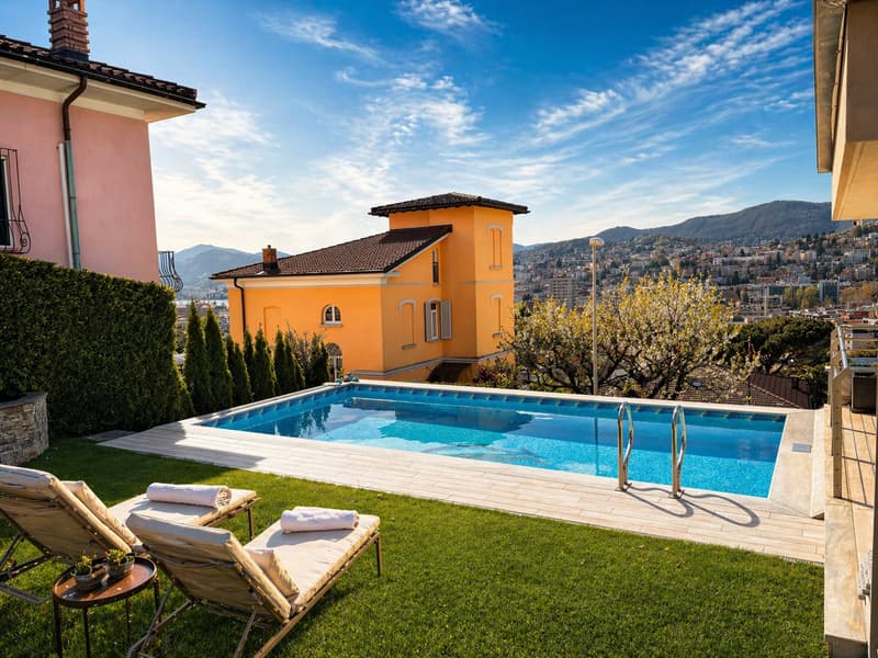 Swimming pool, lounge chairs, potted plants, green grass, yellow house, city view