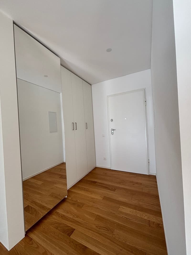 Empty room with white walls, wooden floor, large mirror, and built-in wardrobes