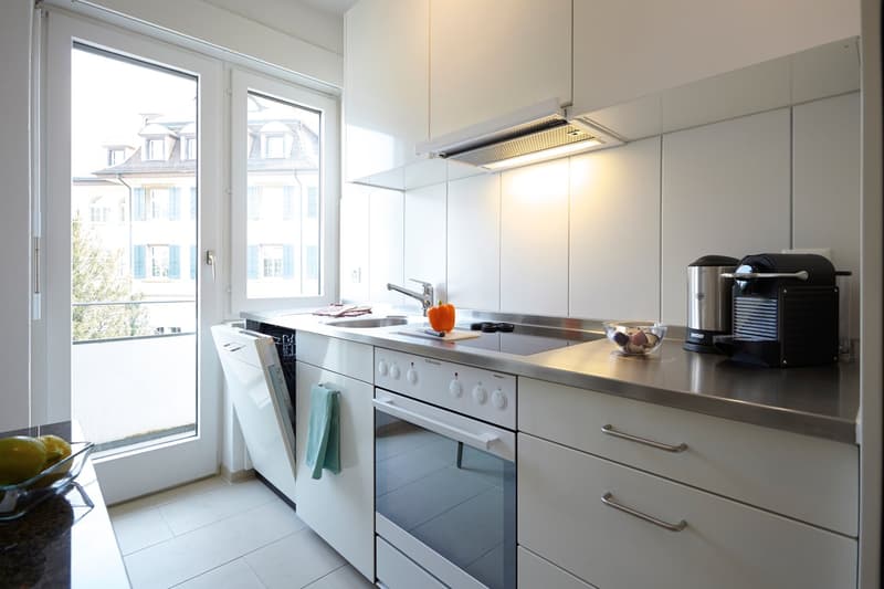 Modern kitchen with white cabinets, stainless steel appliances including a dishwasher, and large windows providing natural light