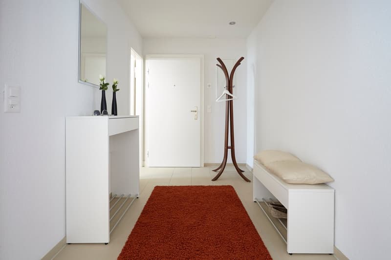 Bright and minimalist entryway with white walls, a large mirror, a wooden coat rack, and a plush orange rug leading to the front door.