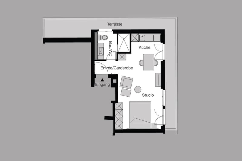 The floor plan shows a studio apartment with a terrace. The main areas include an entrance/wardrobe, a kitchen, and a studio space.