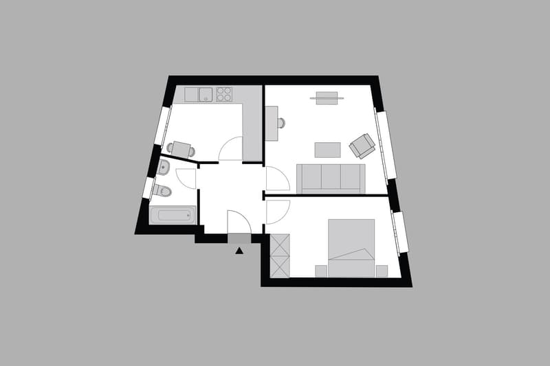 main area, living room, kitchen, bathroom, bedroom