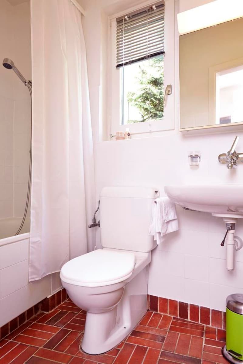 White ceramic tiles, red brick flooring, bathtub, white toilet, white sink, showerhead, mirror, trash bin
