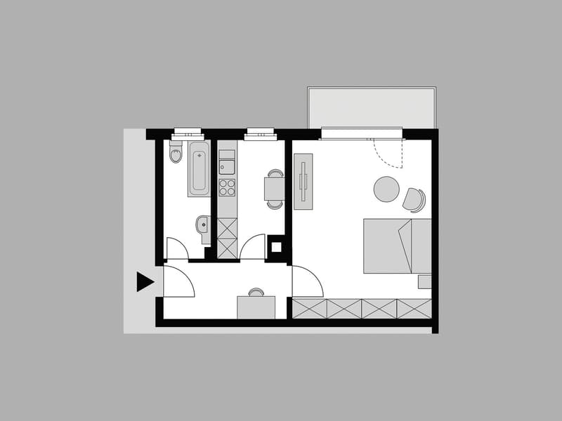 The floor plan shows a studio apartment layout with a living/sleeping area, a kitchenette, and a bathroom. The apartment appears to have a rectangular shape with a window or balcony on one side.
