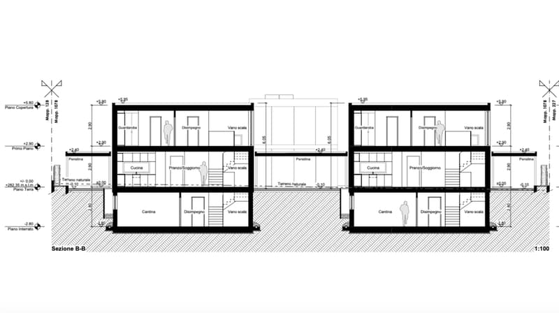 The image shows a floor plan with two levels. The lower level includes a kitchen, a living/dining room, and a staircase. The upper level has two bedrooms, a bathroom, and a balcony.