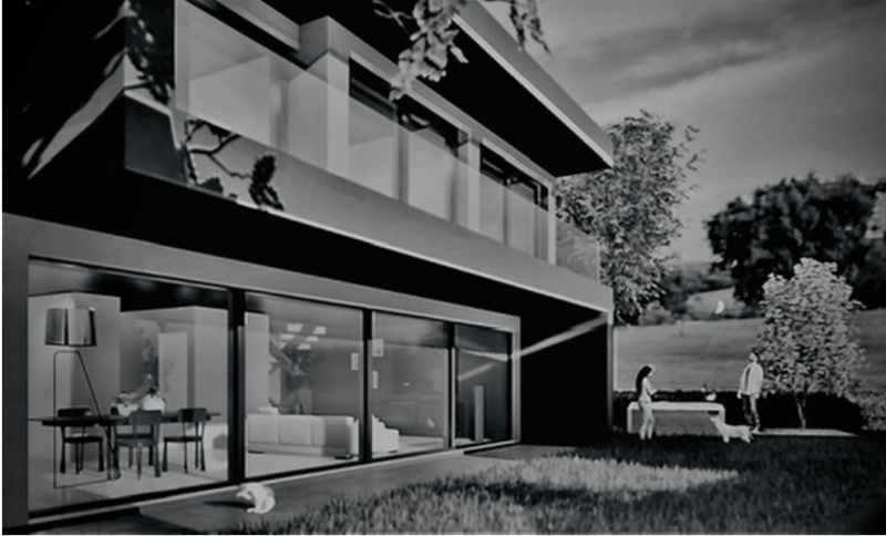 Modern two-story house with large glass windows, balcony, and outdoor seating area