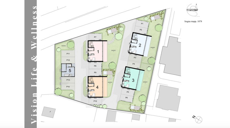 The image shows a floor plan of a residential development. It consists of 14 different units or properties labeled P1 through P14. The properties are surrounded by green spaces and gardens. The plan also includes 6 additional spaces labeled P5 through P10