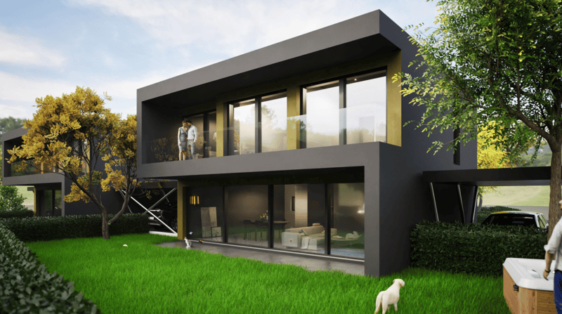 Two-story modern house with a flat roof, large windows, and a balcony. The house is surrounded by trees and has a grassy lawn in the front. There appears to be a garage attached to the side of the house.